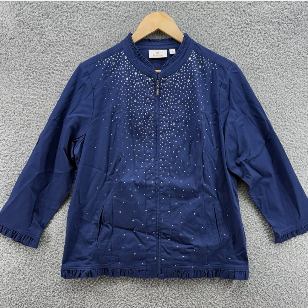 Quacker Factory Sparkle Stretch Embellished Ruffle Navy Blue Jacket - Picture 12 of 13